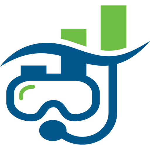 ModernDive logo: a snorkel mask under a wave with a rising bar chart